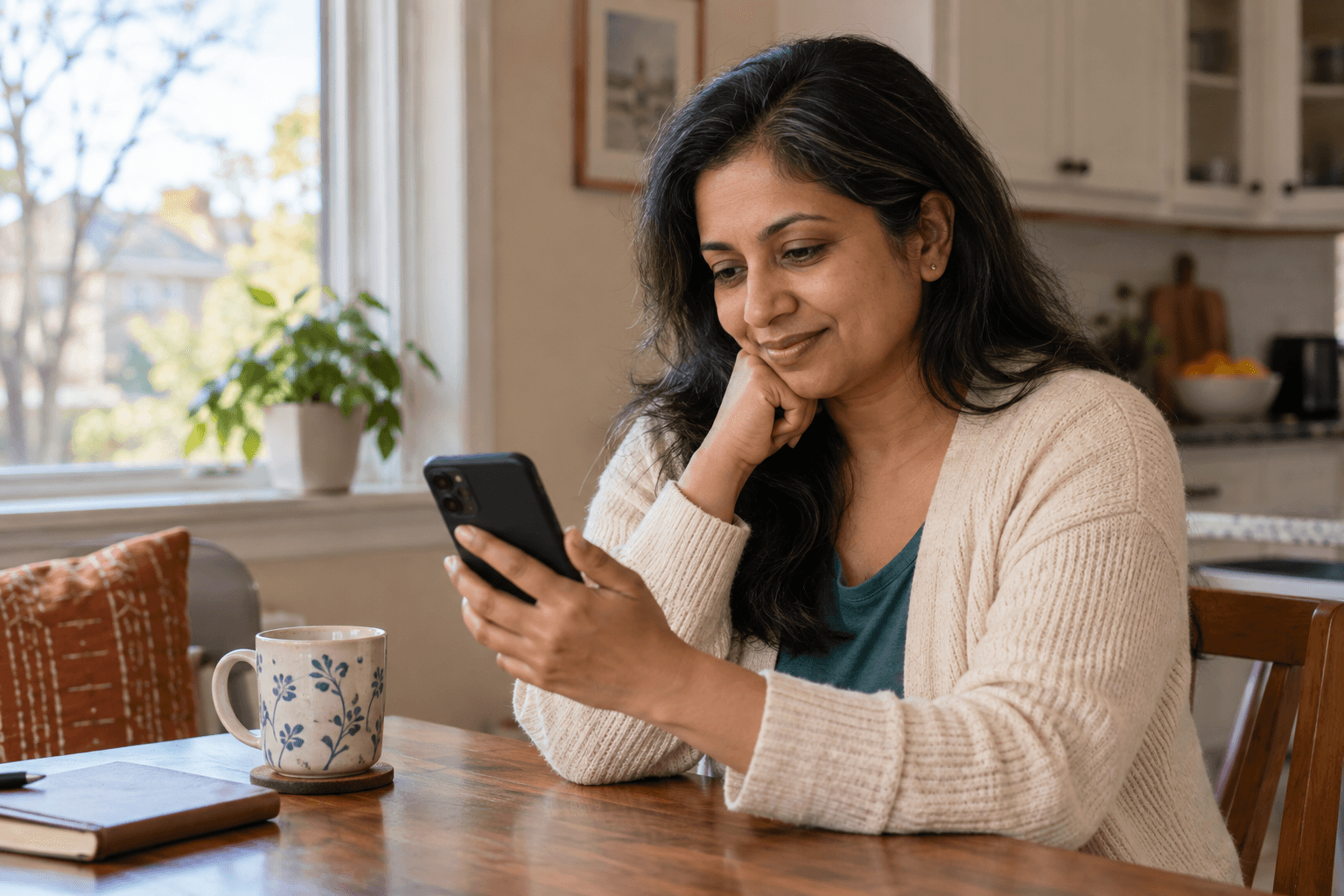 A woman reading her phone at her kitchen table