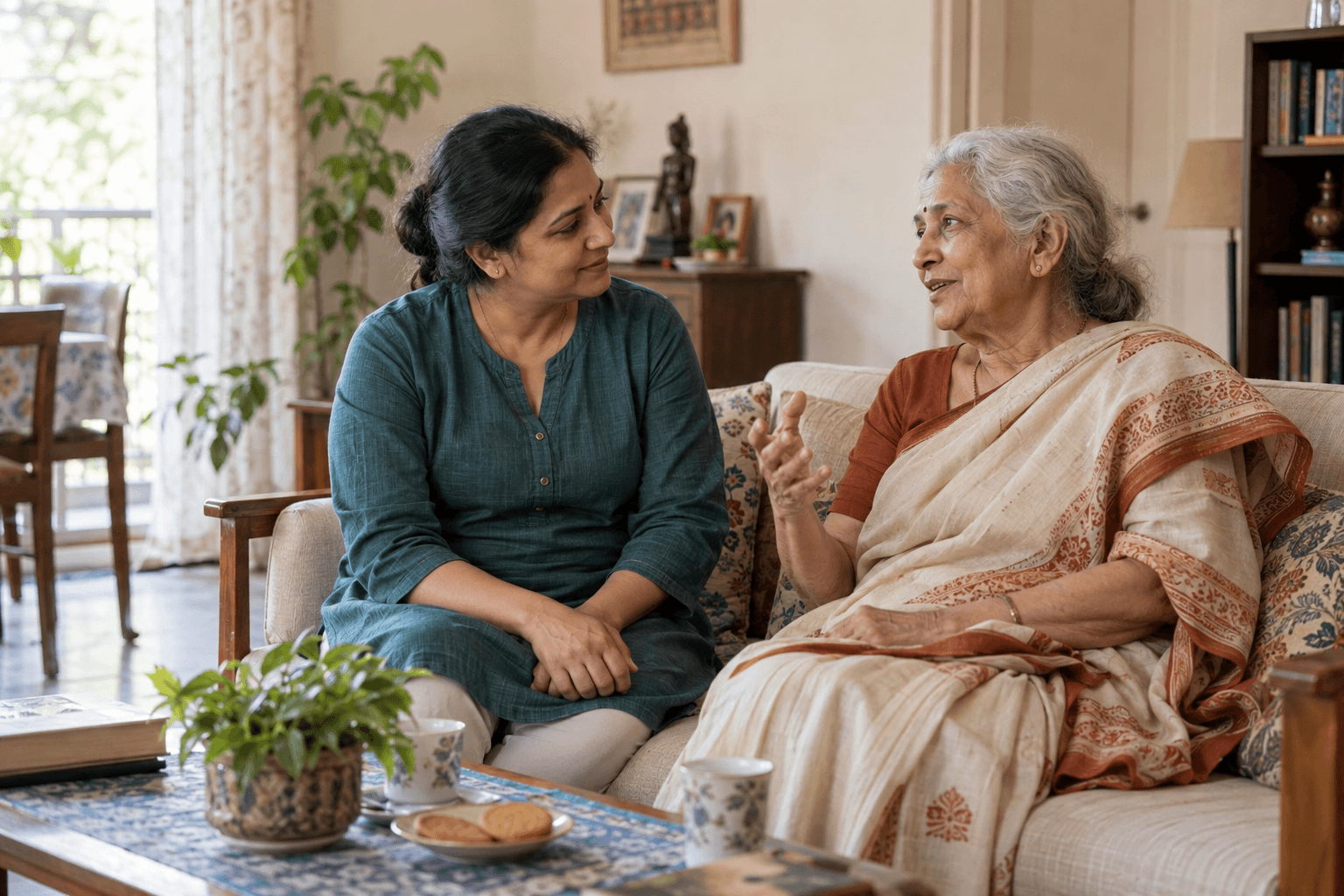 An older Indian woman enjoying a conversation with a caregiver at home