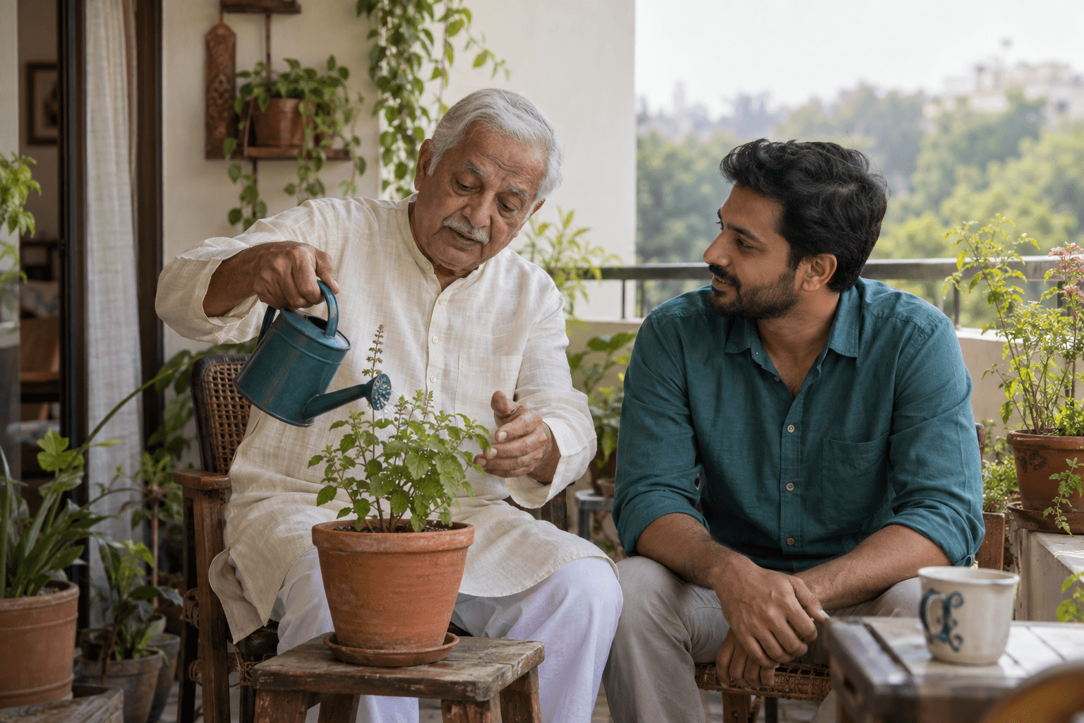 An older Indian man tending a balcony plant with a companion beside him